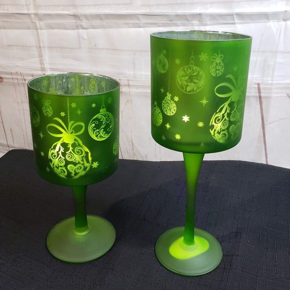 Beautiful Green Mercury Glass Christmas Pedestal Flameless Candle Holders RARE